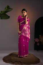 Load image into Gallery viewer, Rucha Hot Pink Muga Cotton Saree With Unstitched Blouse Piece