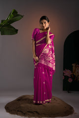 Rucha Hot Pink Muga Cotton Saree With Unstitched Blouse Piece