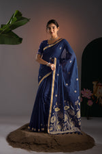 Load image into Gallery viewer, Rucha Navy Muga Cotton Saree With Unstitched Blouse Piece