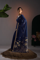Rucha Navy Muga Cotton Saree With Unstitched Blouse Piece