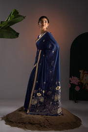 Rucha Navy Muga Cotton Saree With Unstitched Blouse Piece