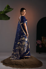 Load image into Gallery viewer, Rucha Navy Muga Cotton Saree With Unstitched Blouse Piece