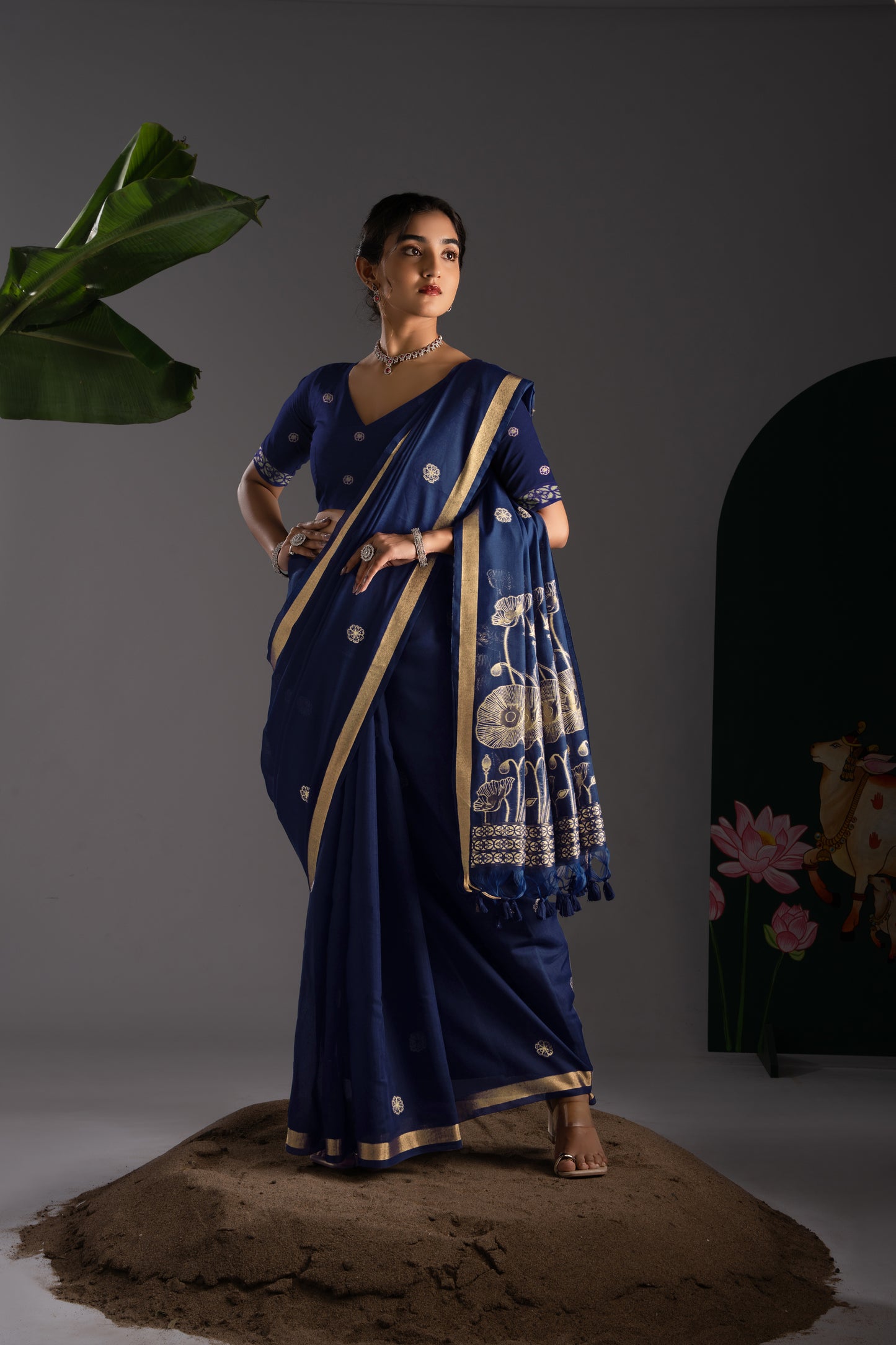 Rucha Navy Muga Cotton Saree With Unstitched Blouse Piece