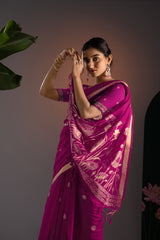 Rucha Hot Pink Muga Cotton Saree With Unstitched Blouse Piece