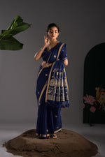 Load image into Gallery viewer, Rucha Navy Muga Cotton Saree With Unstitched Blouse Piece