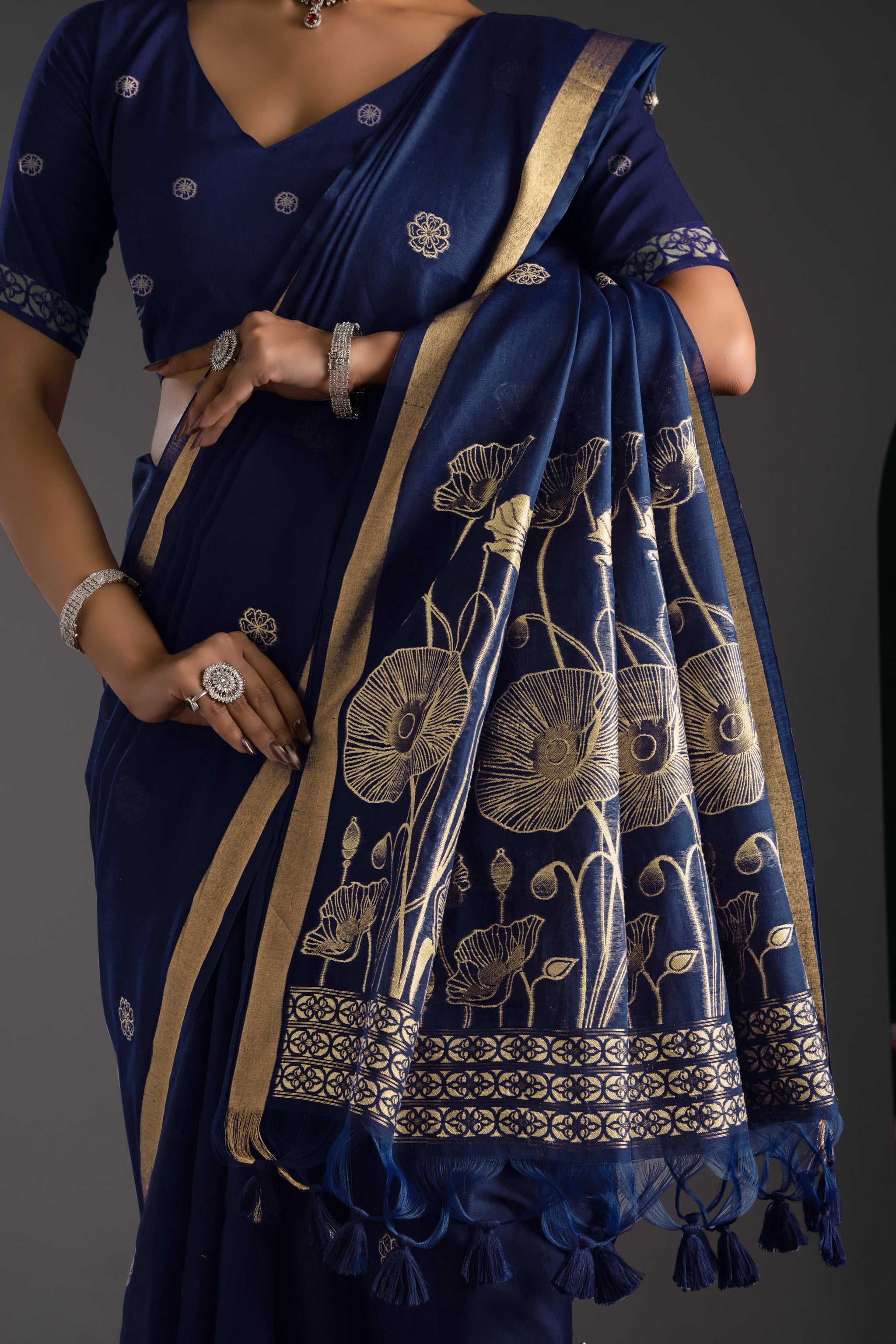 Rucha Navy Muga Cotton Saree With Unstitched Blouse Piece