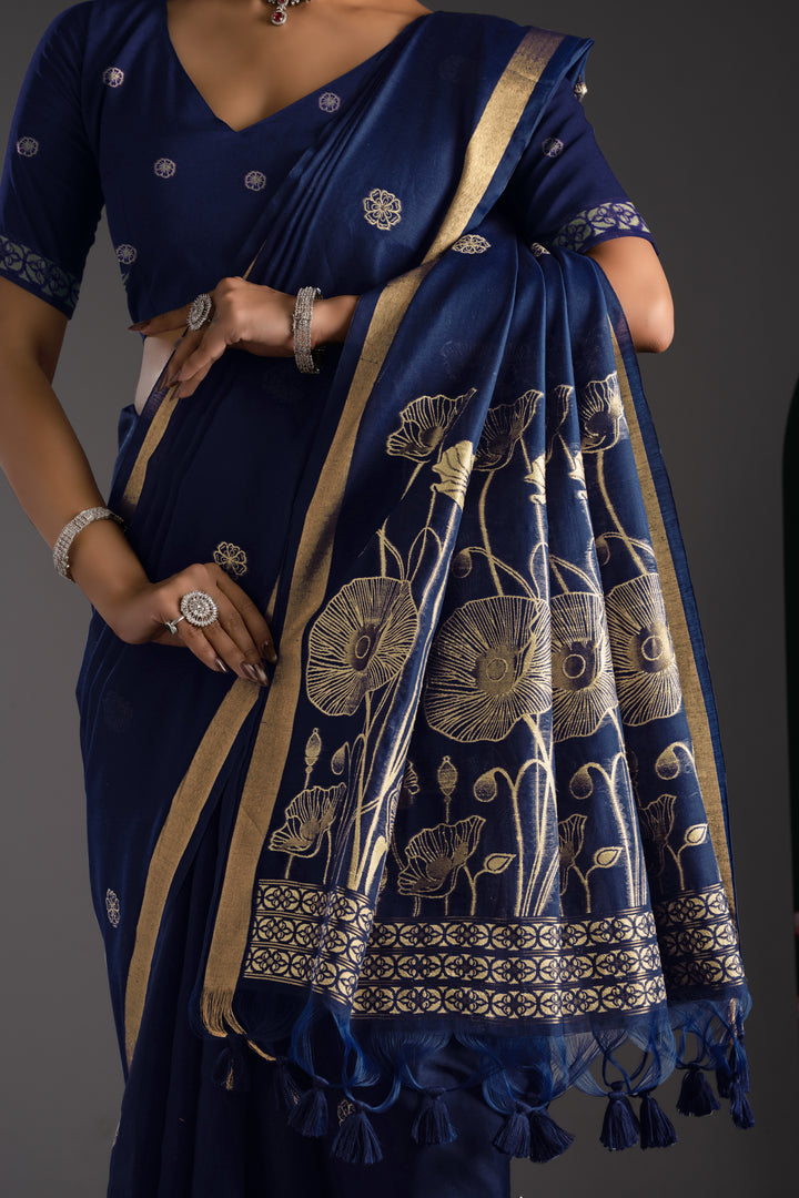 Rucha Navy Muga Cotton Saree With Unstitched Blouse Piece
