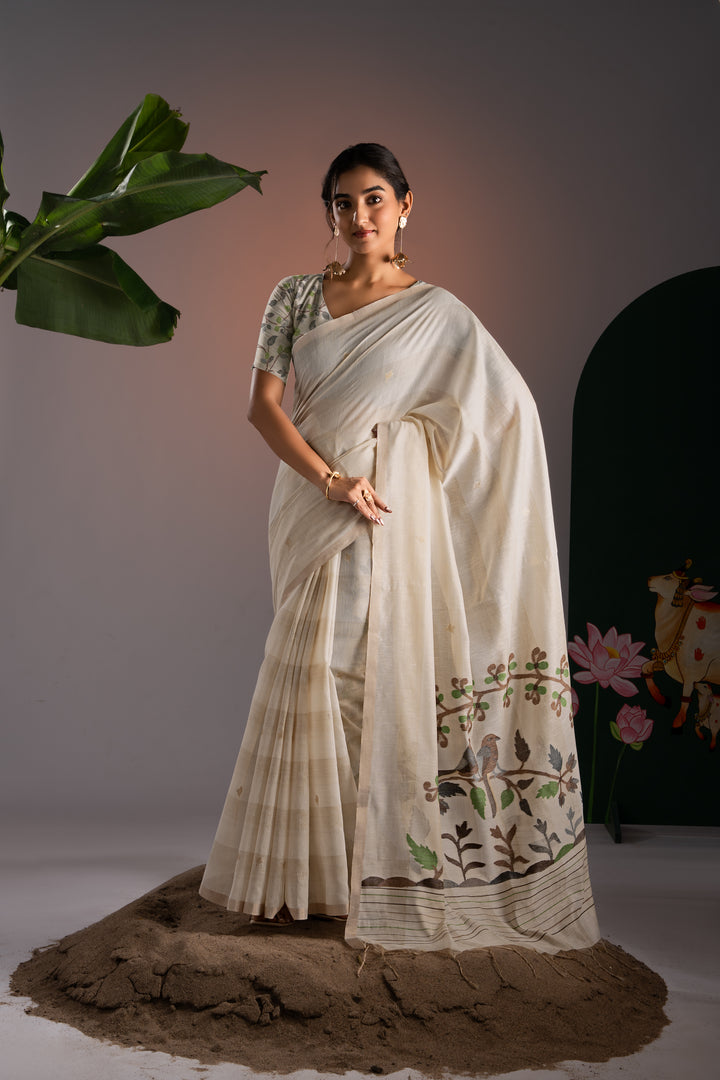 Amaya Off-White & Brown Premium Muga Cotton Saree With Unstitched Blouse Piece