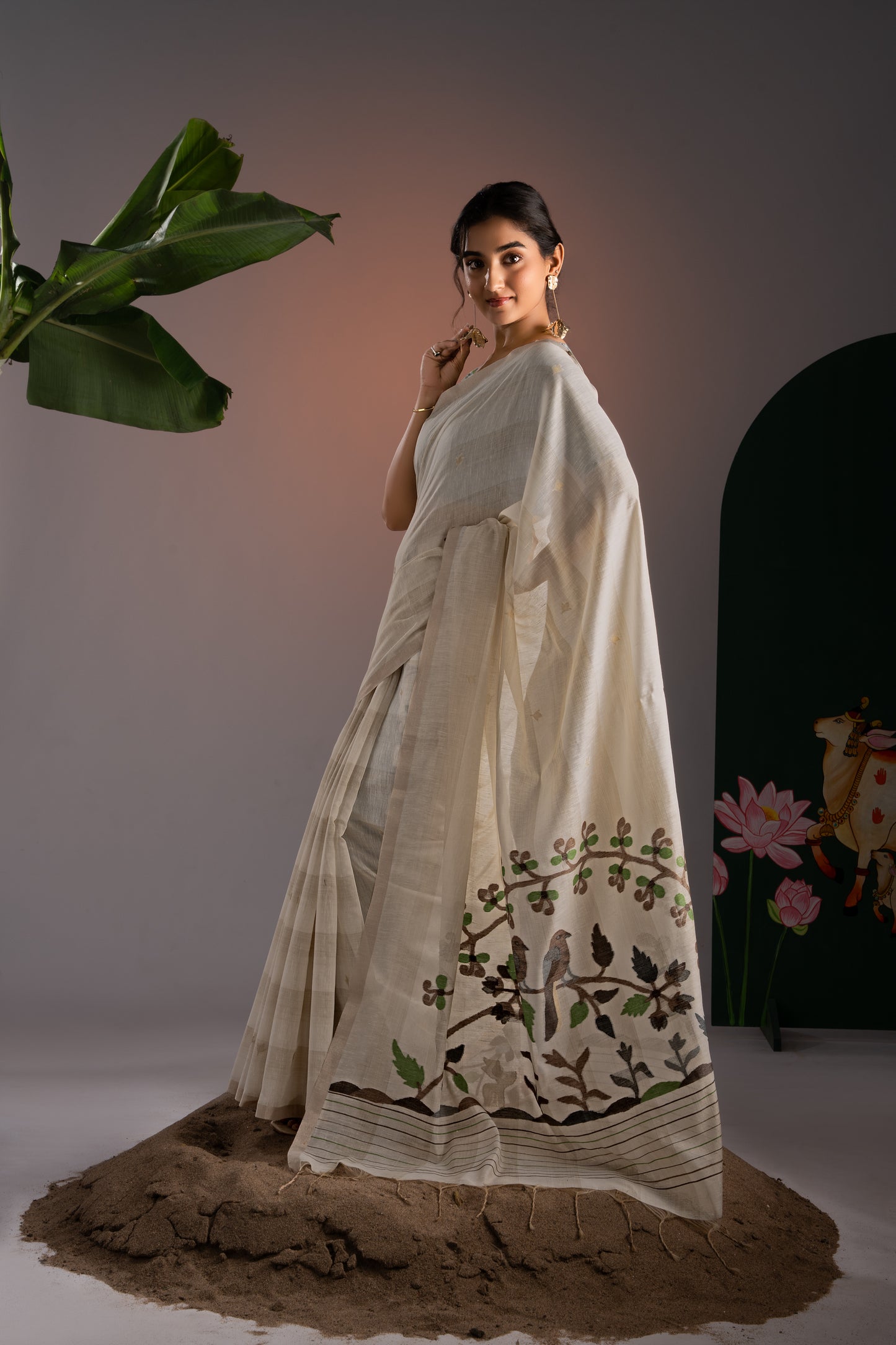 Amaya Off-White & Brown Premium Muga Cotton Saree With Unstitched Blouse Piece