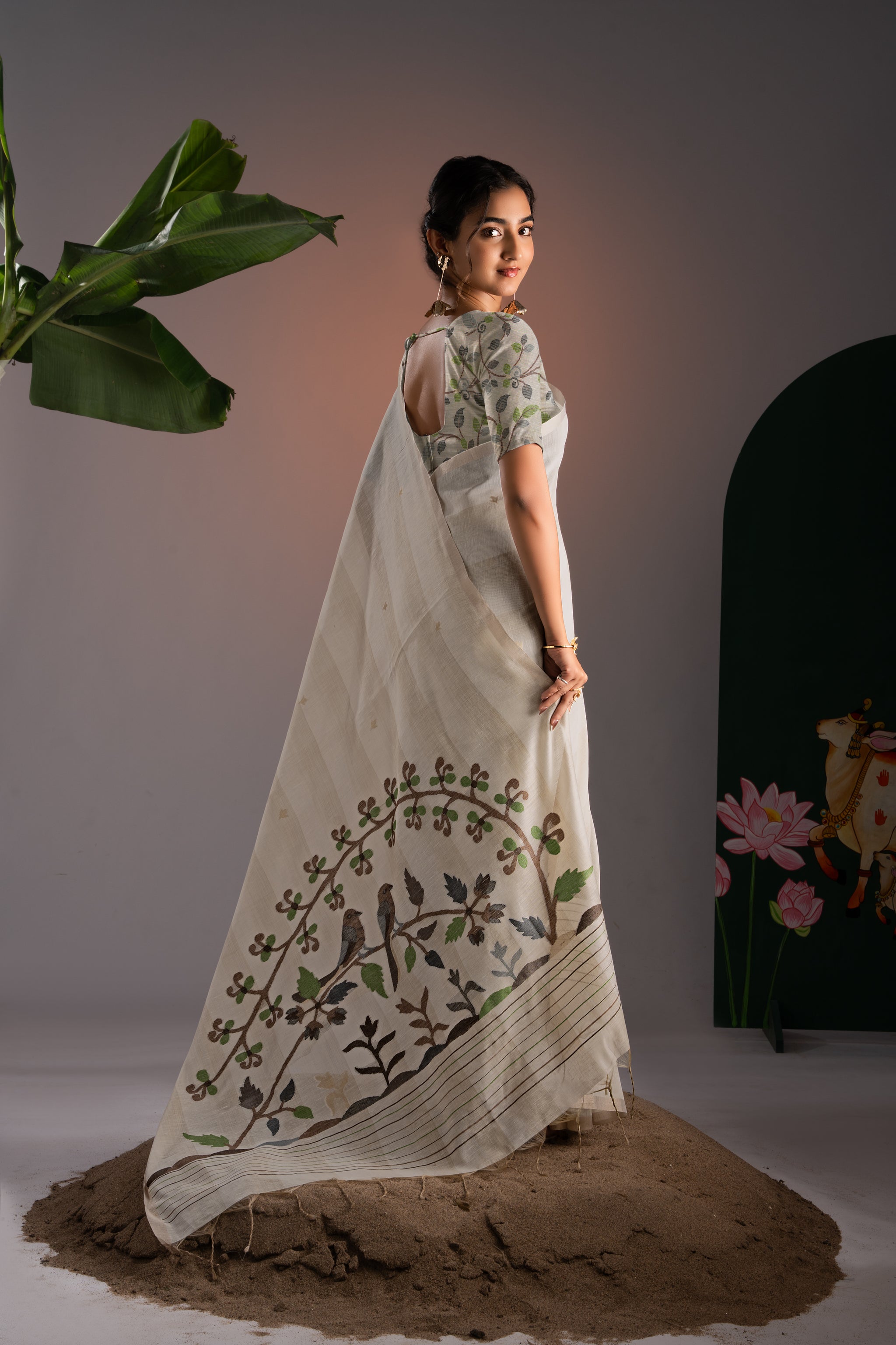 Amaya Off-White & Brown Premium Muga Cotton Saree With Unstitched Blouse Piece