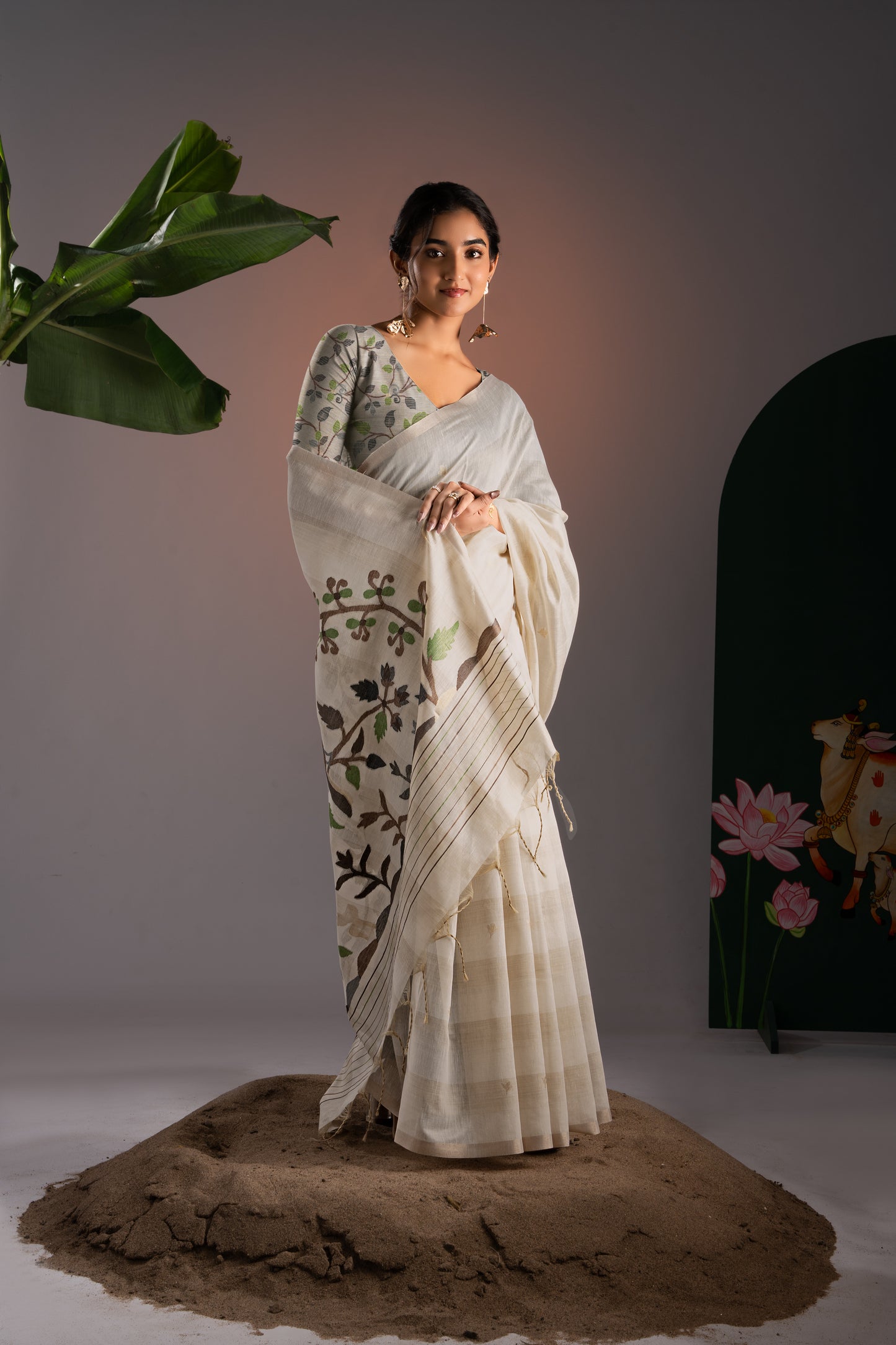 Amaya Off-White & Brown Premium Muga Cotton Saree With Unstitched Blouse Piece