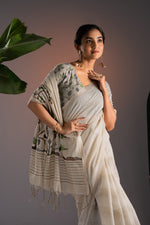 Load image into Gallery viewer, Amaya Off-White &amp; Brown Premium Muga Cotton Saree With Unstitched Blouse Piece