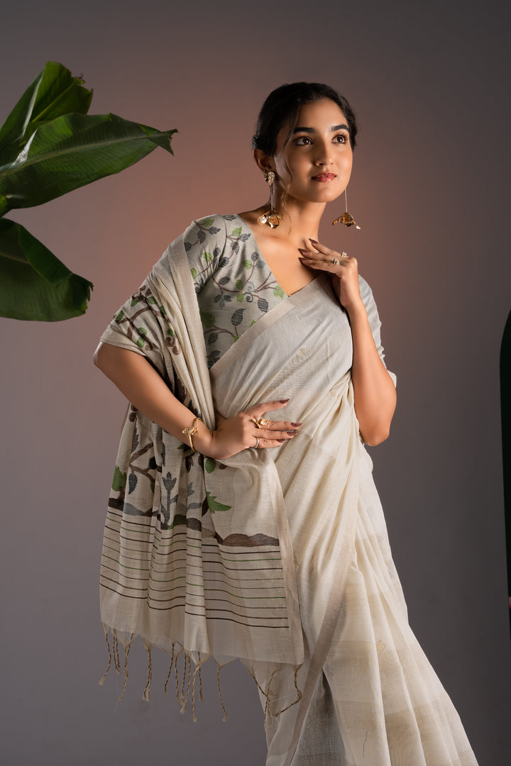 Amaya Off-White & Brown Premium Muga Cotton Saree With Unstitched Blouse Piece