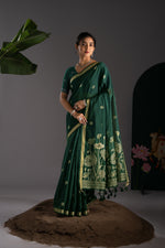 Load image into Gallery viewer, Rucha Dark Green Muga Cotton Saree With Unstitched Blouse Piece
