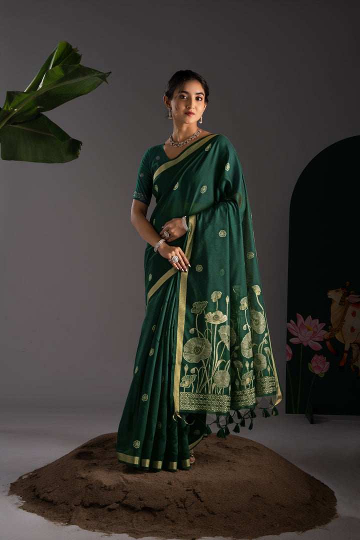 Rucha Dark Green Muga Cotton Saree With Unstitched Blouse Piece