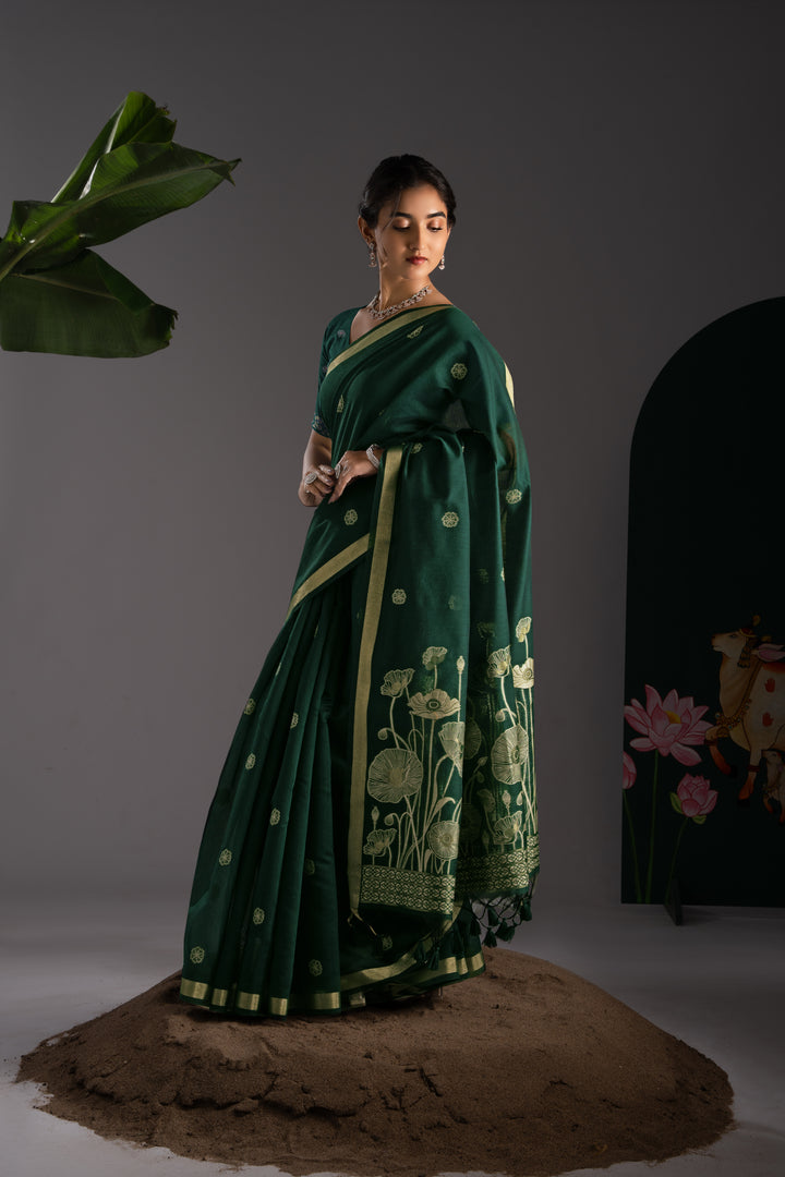 Rucha Dark Green Muga Cotton Saree With Unstitched Blouse Piece