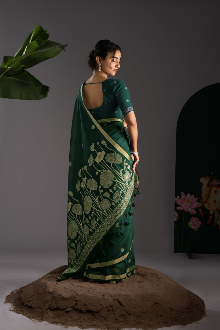 Rucha Dark Green Muga Cotton Saree With Unstitched Blouse Piece