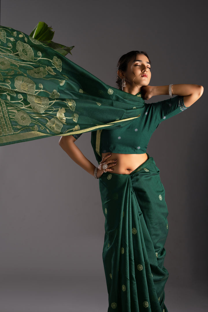 Rucha Dark Green Muga Cotton Saree With Unstitched Blouse Piece