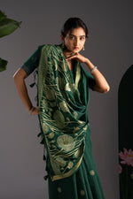 Load image into Gallery viewer, Rucha Dark Green Muga Cotton Saree With Unstitched Blouse Piece