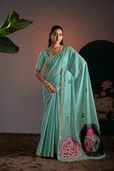 Glam Blue Muga Cotton Saree With Unstitched Blouse Piece
