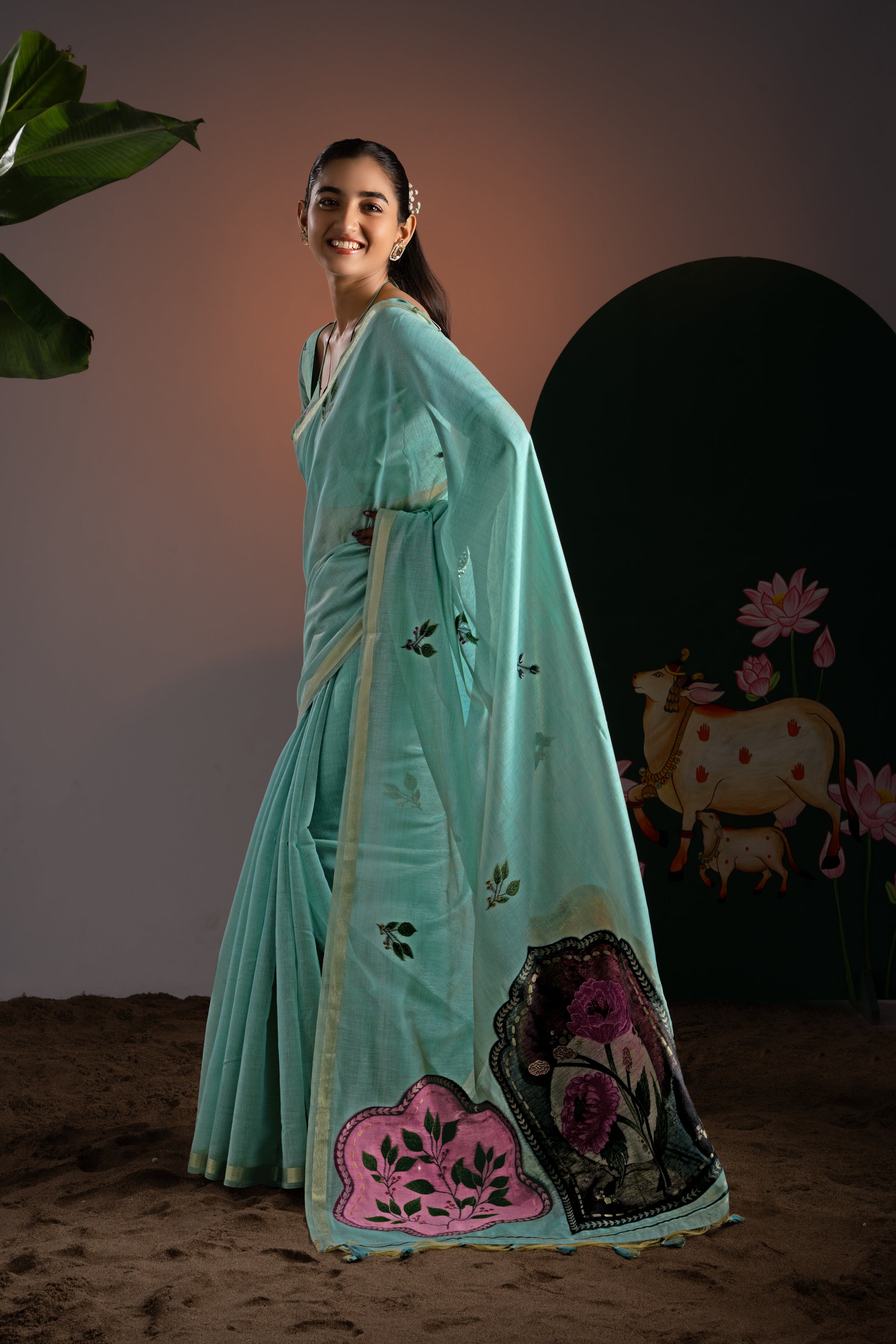 Glam Blue Muga Cotton Saree With Unstitched Blouse Piece