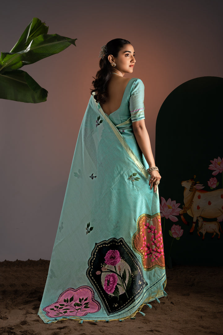 Glam Blue Muga Cotton Saree With Unstitched Blouse Piece