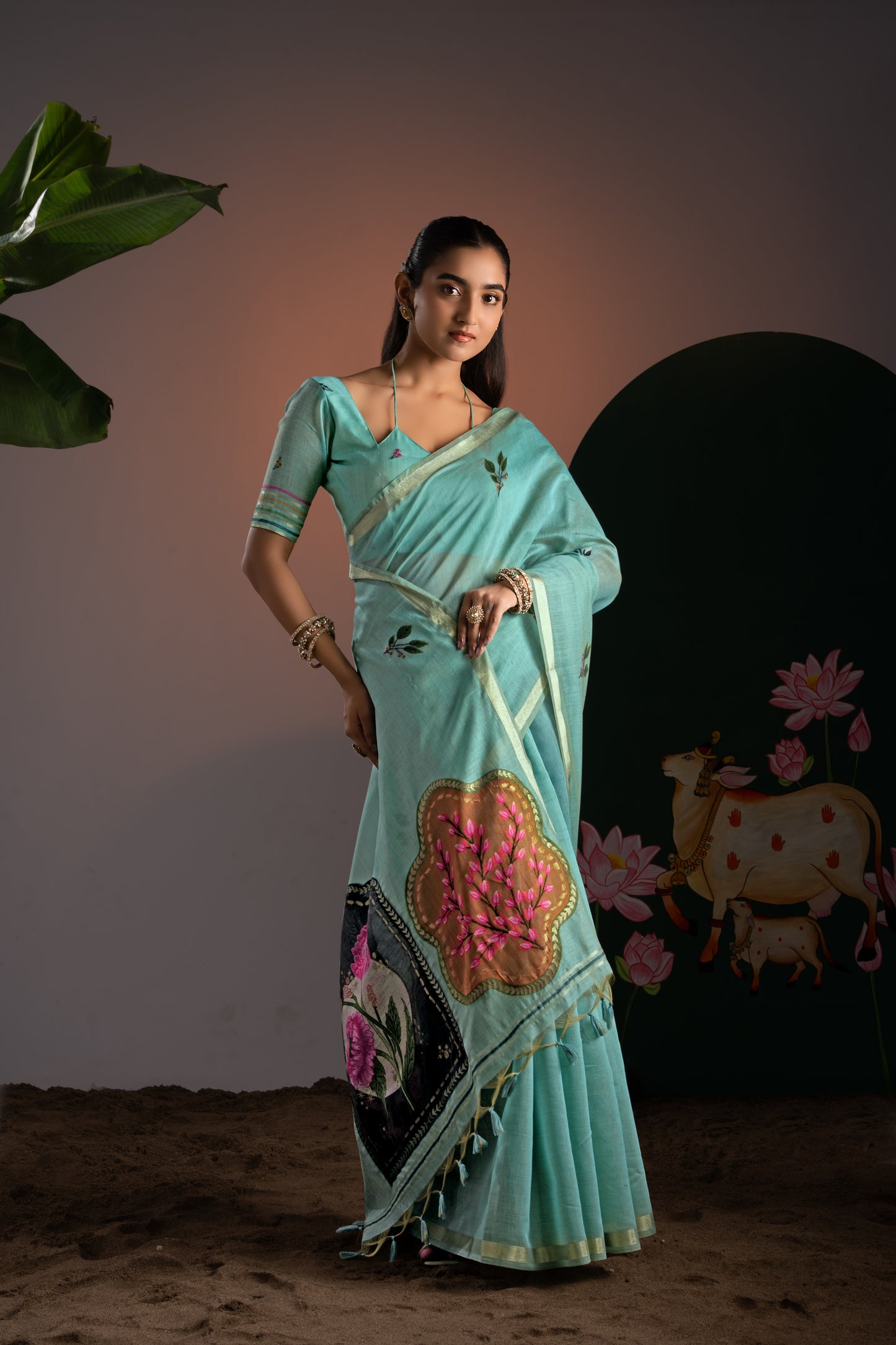 Glam Blue Muga Cotton Saree With Unstitched Blouse Piece
