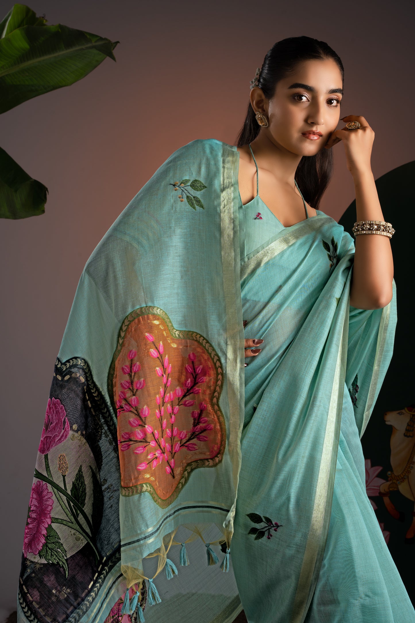Glam Blue Muga Cotton Saree With Unstitched Blouse Piece