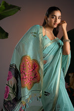 Load image into Gallery viewer, Glam Blue Muga Cotton Saree With Unstitched Blouse Piece
