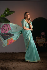 Load image into Gallery viewer, Glam Blue Muga Cotton Saree With Unstitched Blouse Piece