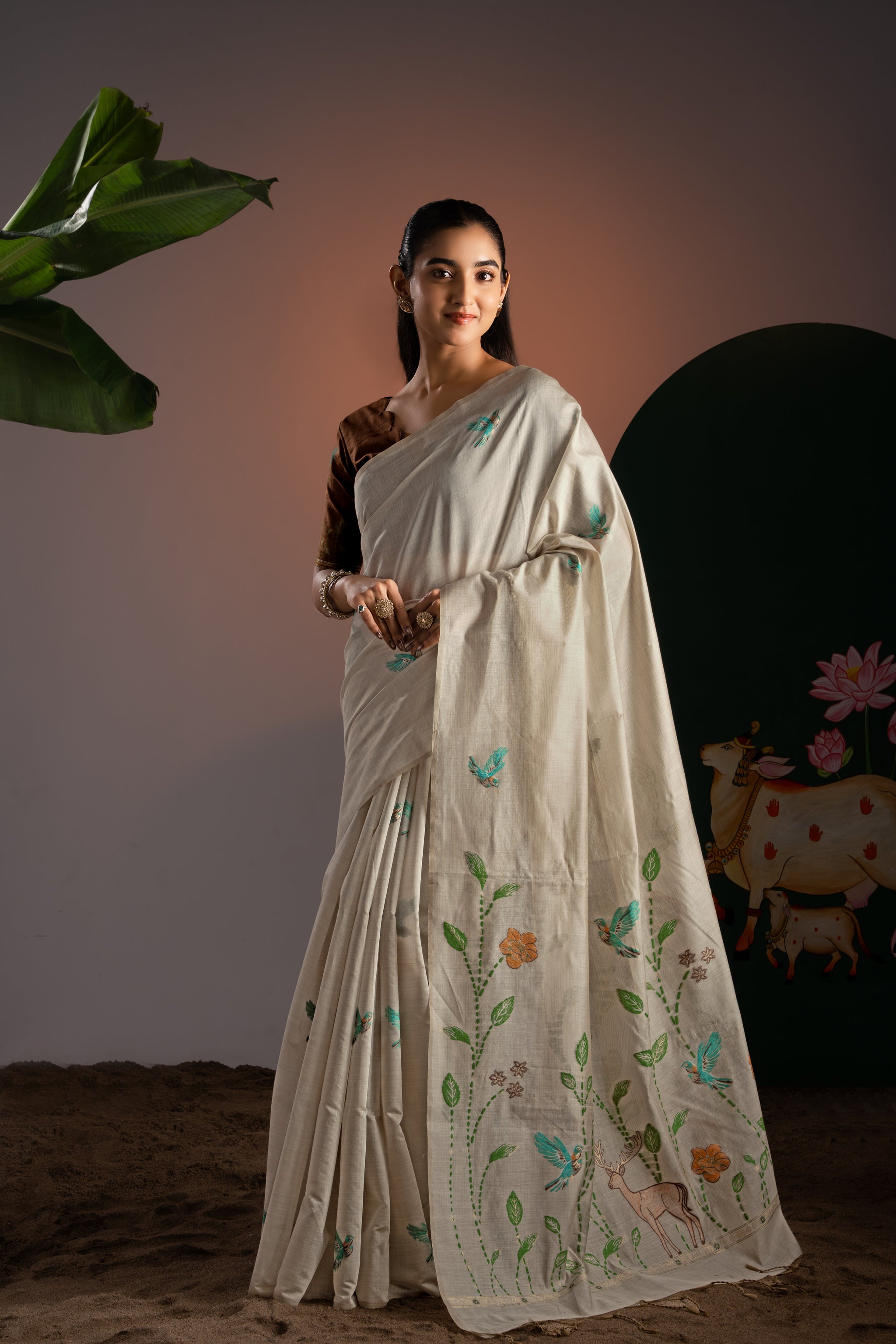 Rahi Beige & Brown Viscose Cotton Saree With Unstitched Blouse Piece