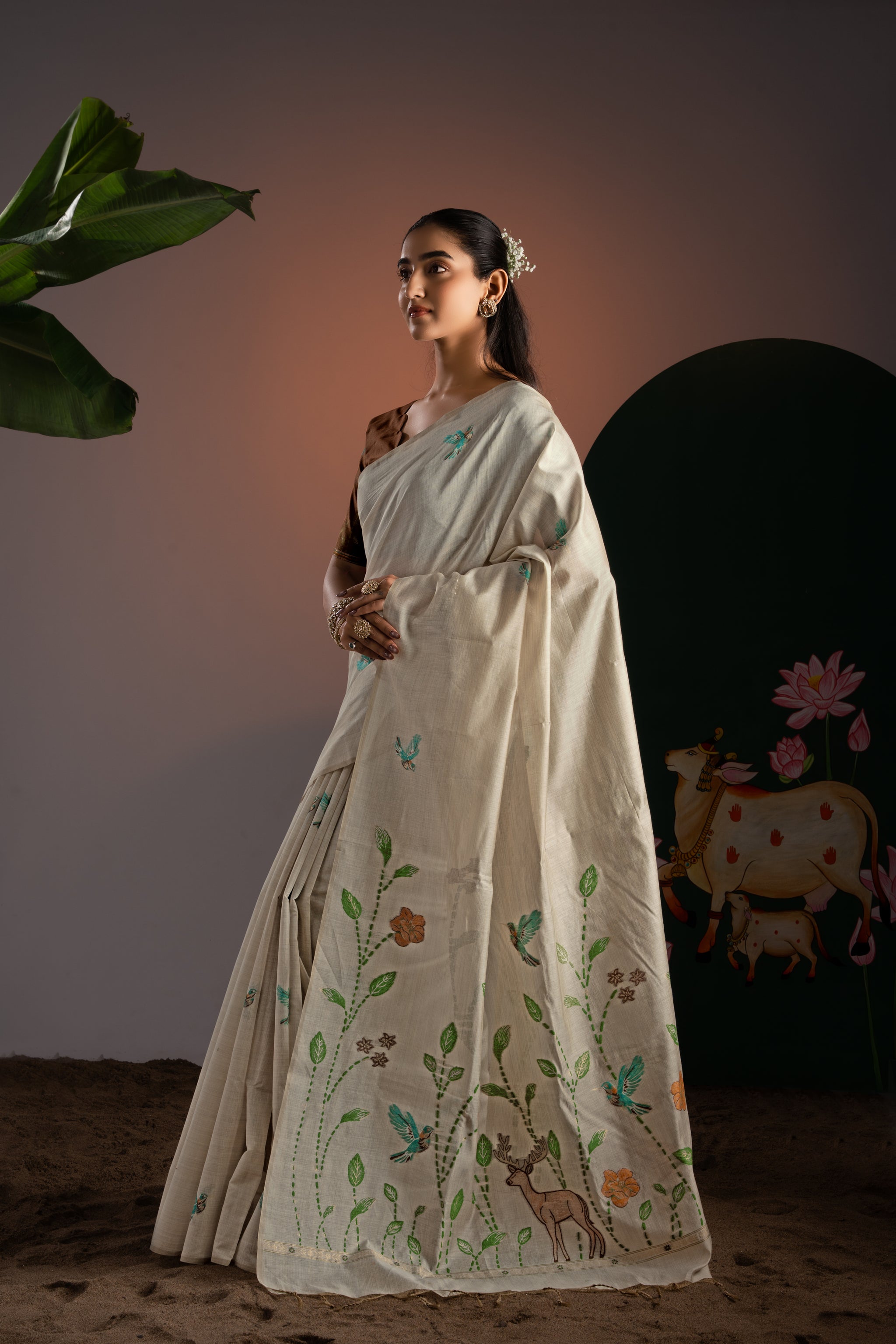 Rahi Beige & Brown Viscose Cotton Saree With Unstitched Blouse Piece