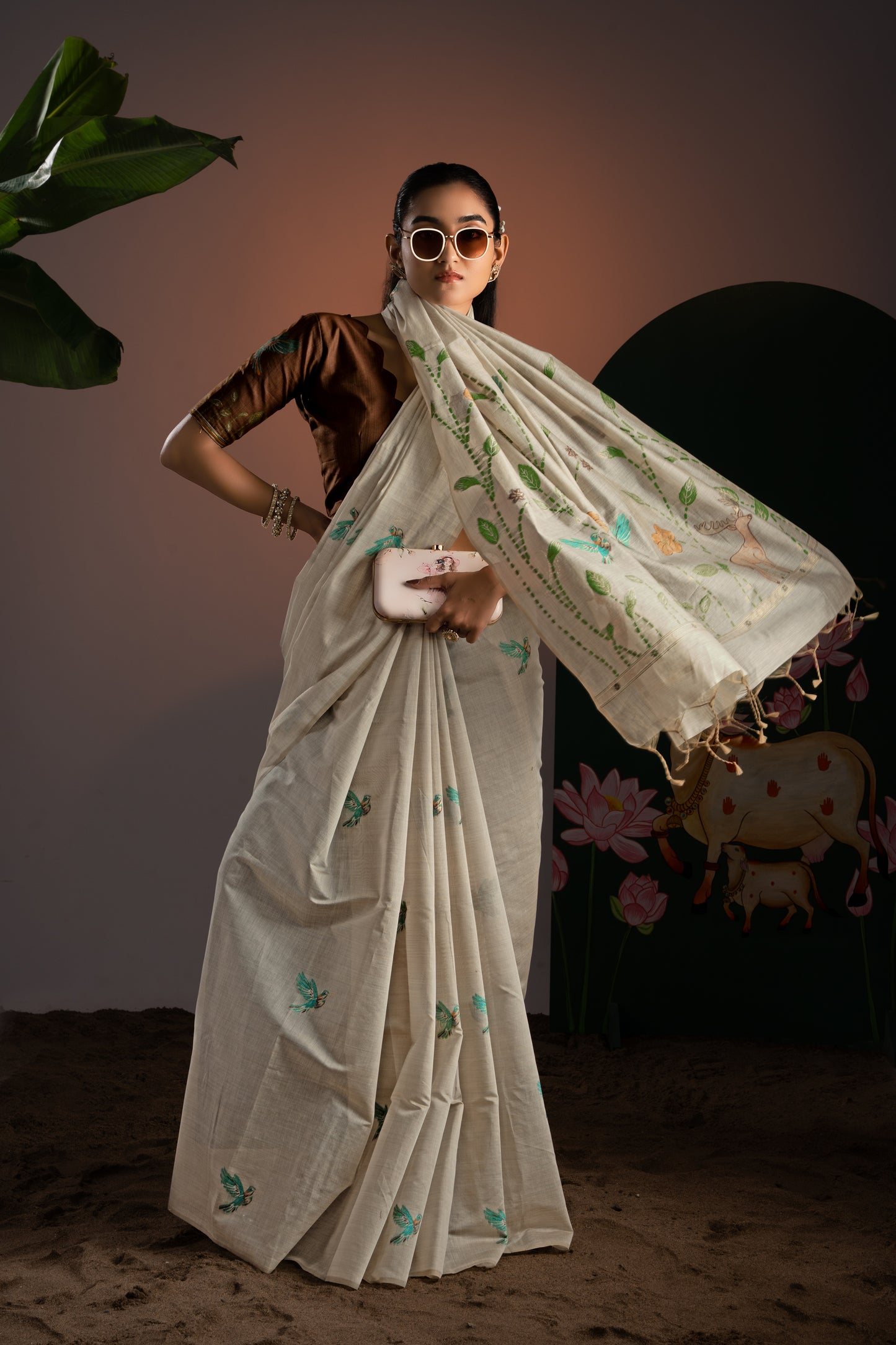 Rahi Beige & Brown Viscose Cotton Saree With Unstitched Blouse Piece