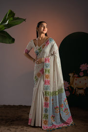 Indu Beige & Pink Muga Cotton Saree With Unstitched Blouse Piece