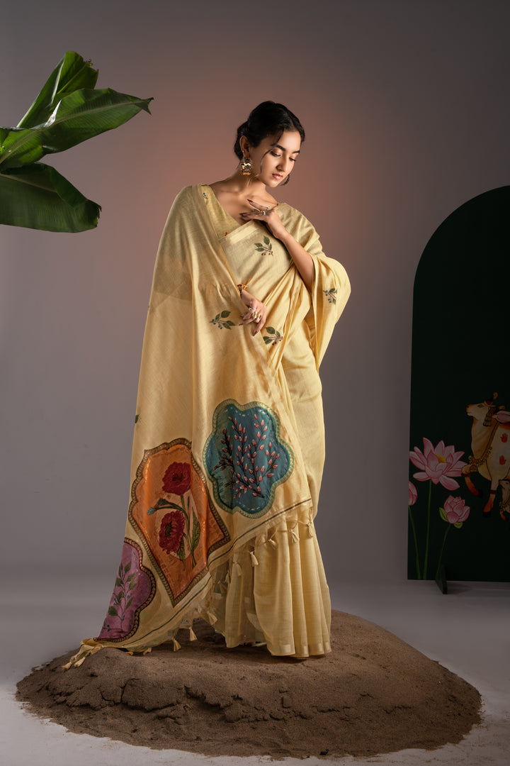 Glam Yellow Muga Cotton Saree With Unstitched Blouse Piece