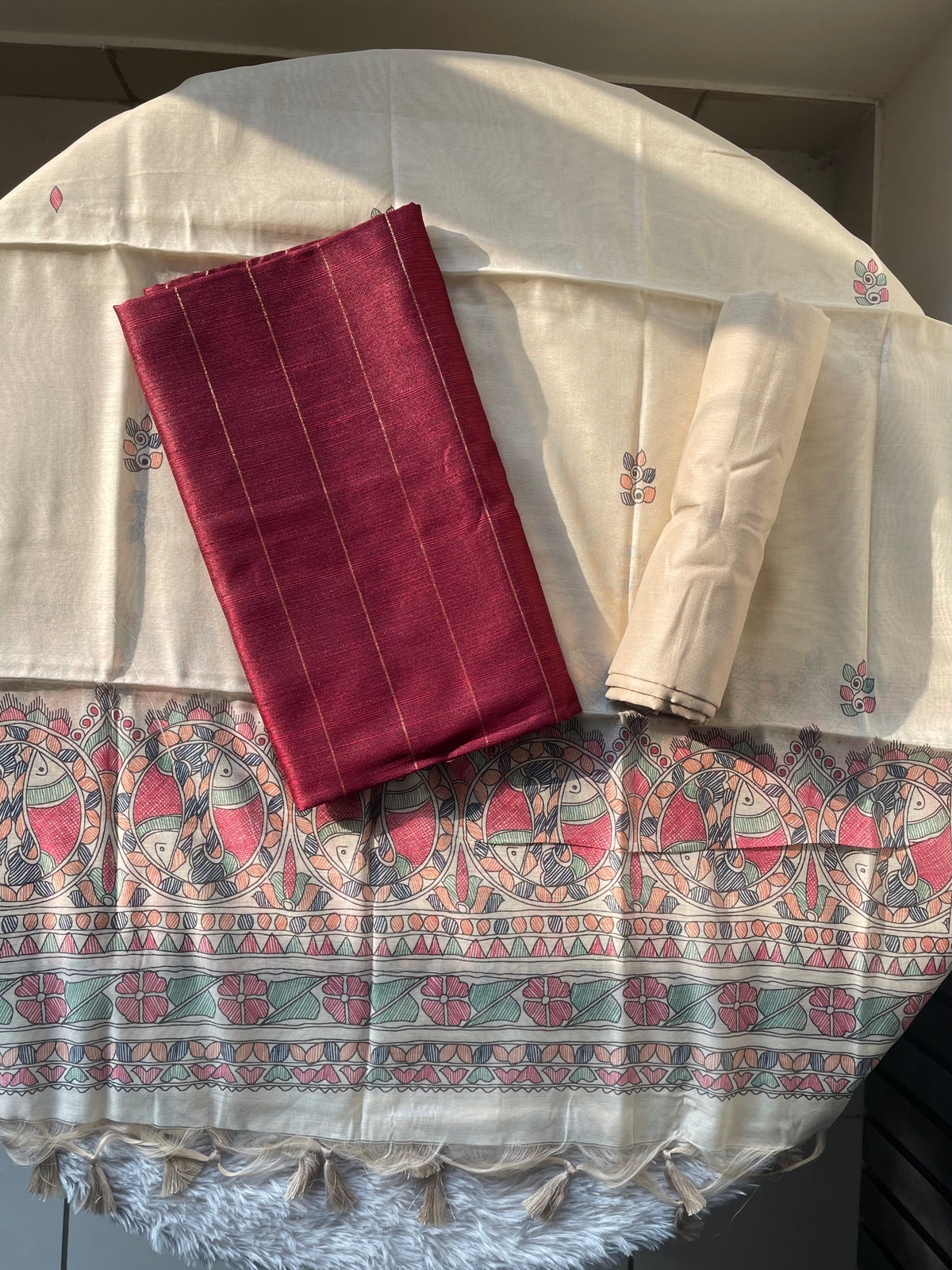 Modern Grace Maroon Red Raw Silk Unstitched Suit Set