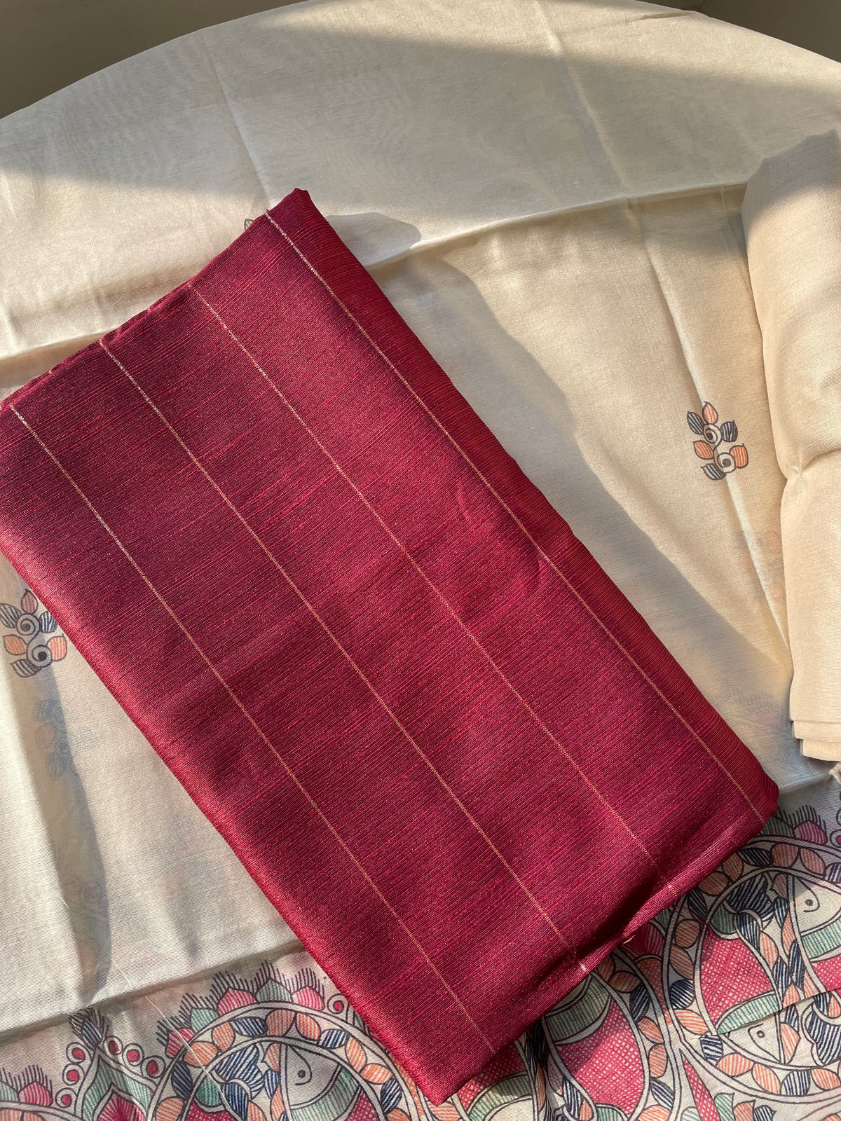 Modern Grace Maroon Red Raw Silk Unstitched Suit Set