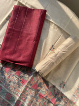 Modern Grace Maroon Red Raw Silk Unstitched Suit Set