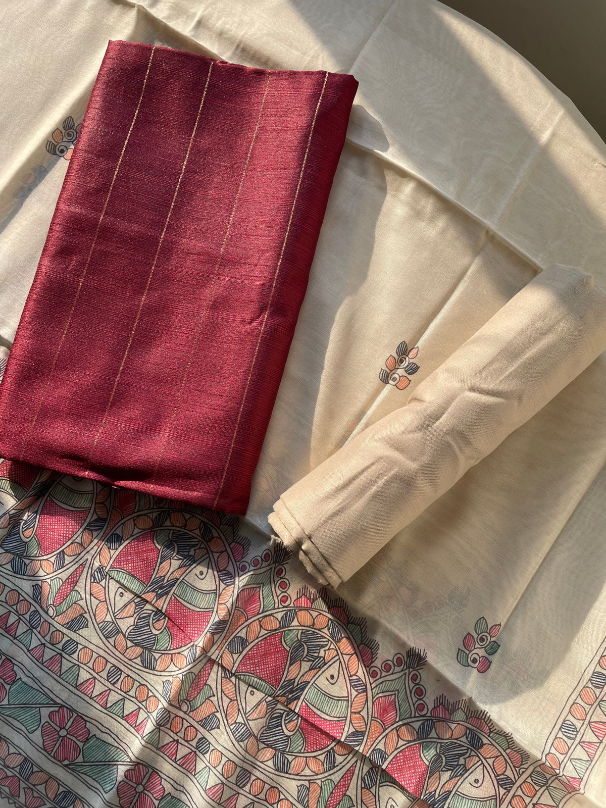 Modern Grace Maroon Red Raw Silk Unstitched Suit Set