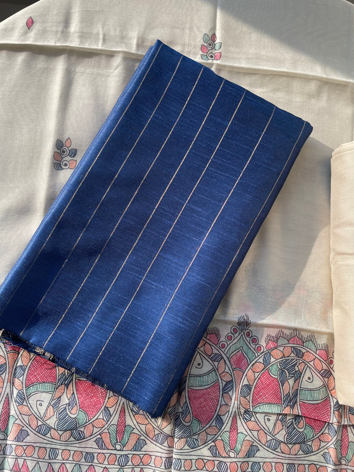Modern Grace Navy Raw Silk Unstitched Suit Set