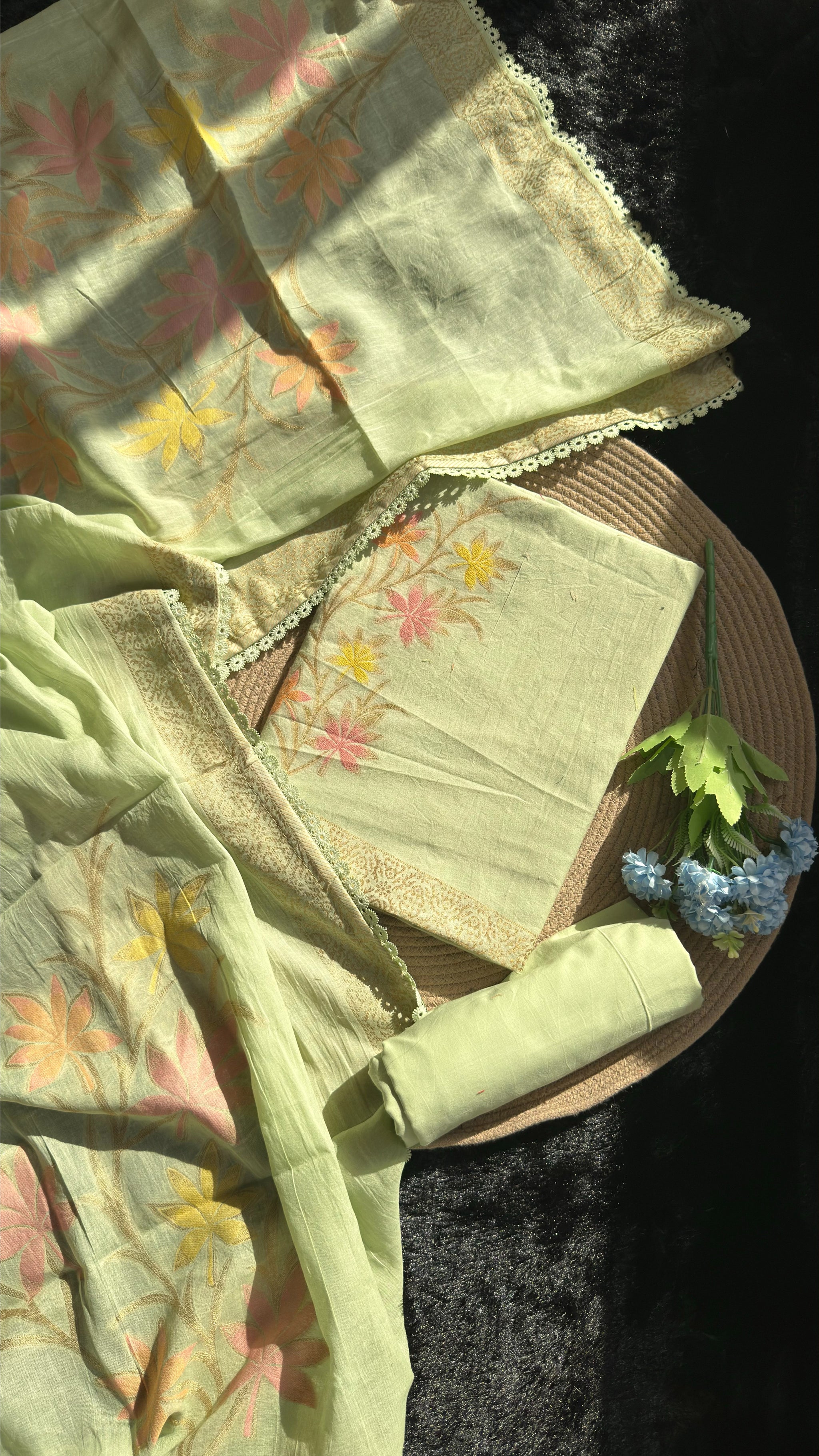 Petal Loom Pista Green Pure Cotton Unstitched Suit Set