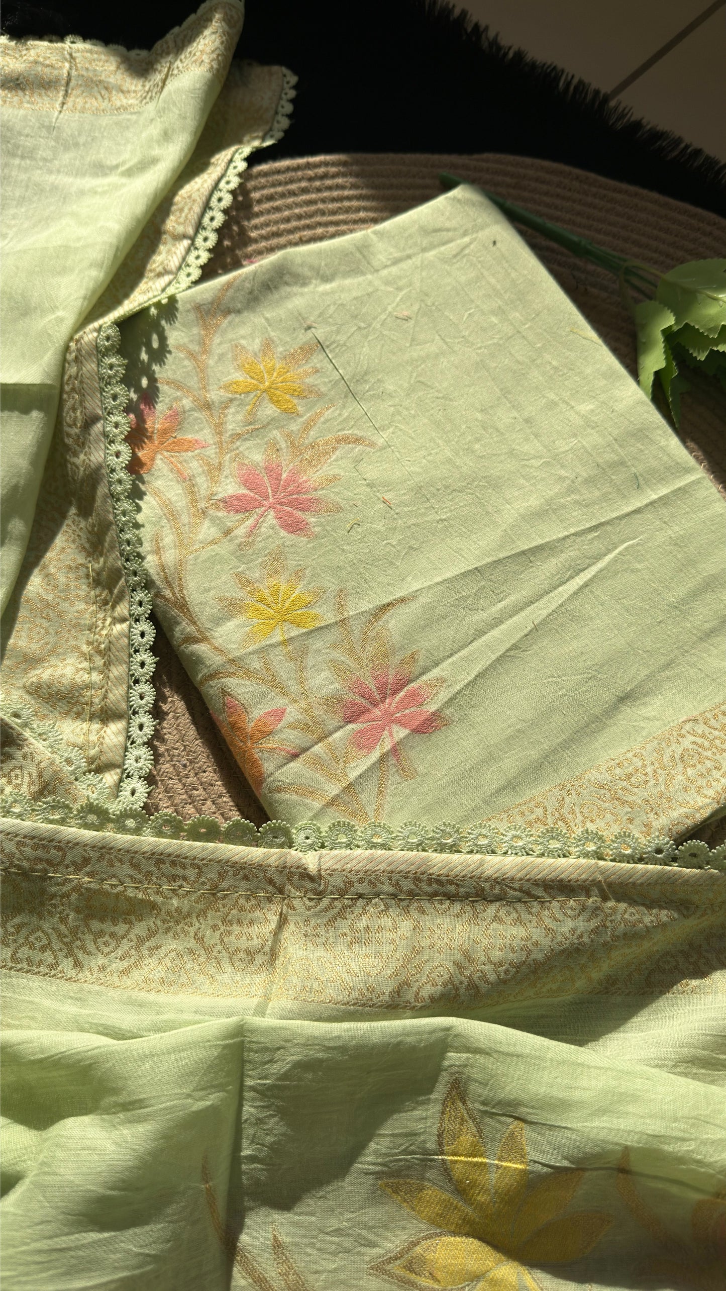 Petal Loom Pista Green Pure Cotton Unstitched Suit Set