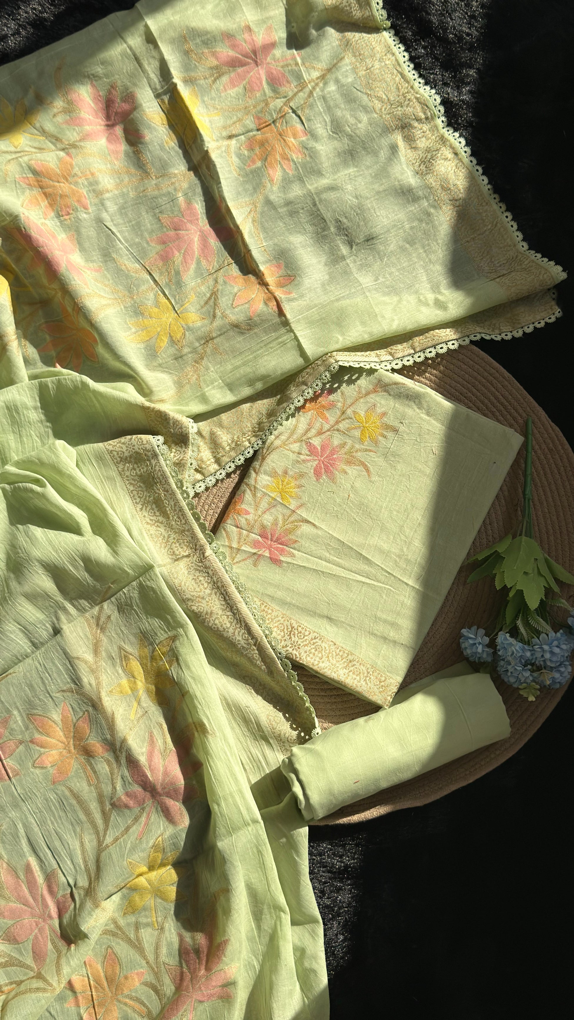 Petal Loom Pista Green Pure Cotton Unstitched Suit Set