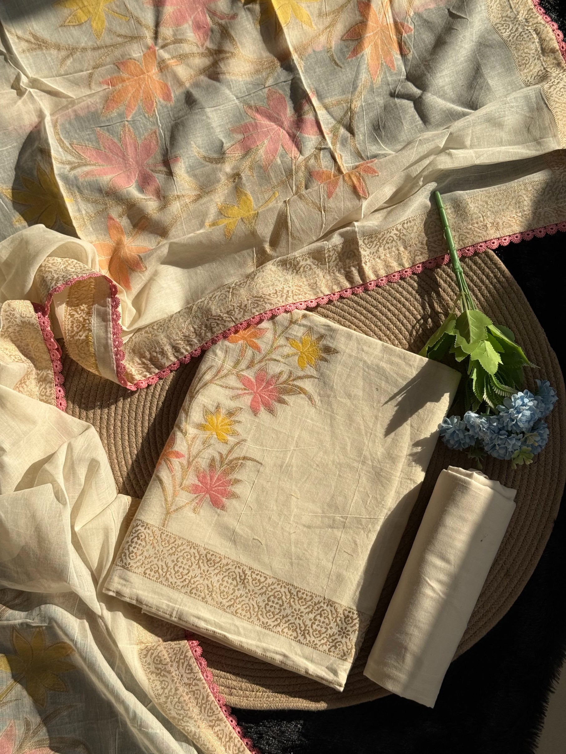 Petal Loom White Pure Cotton Unstitched Suit Set