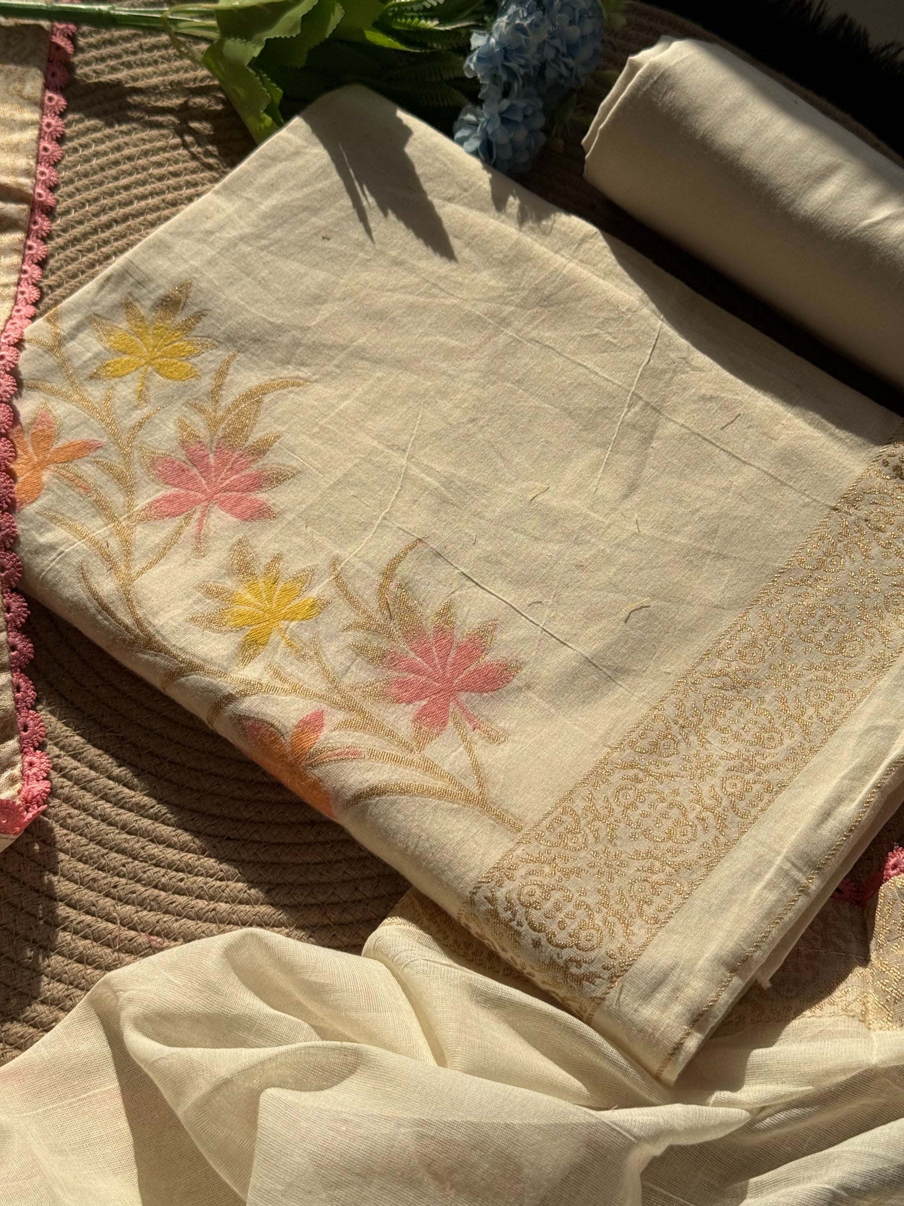 Petal Loom White Pure Cotton Unstitched Suit Set