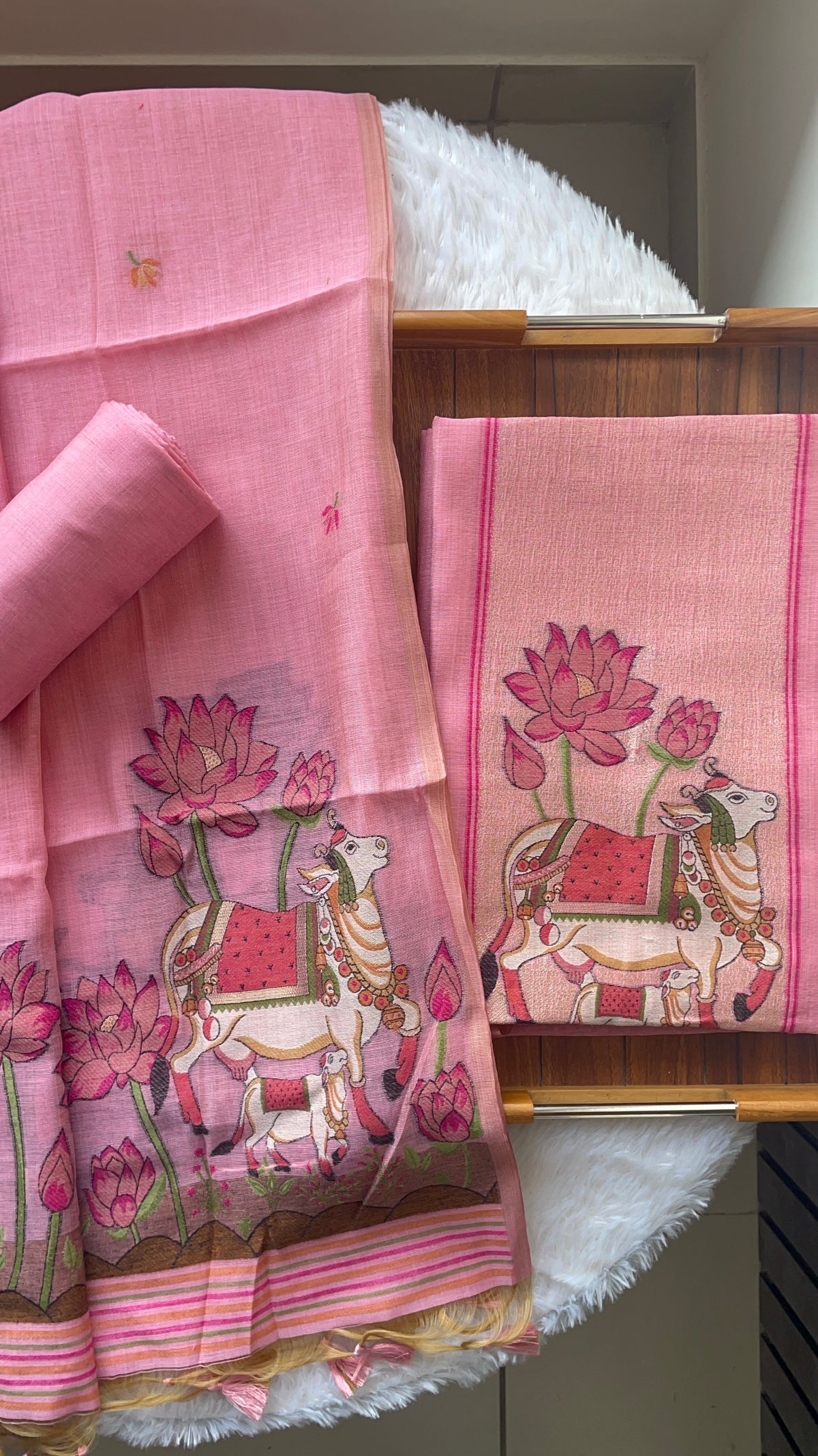 Aria Pink Muga Cotton Jamdani Pichwai Unstitched Suit Set