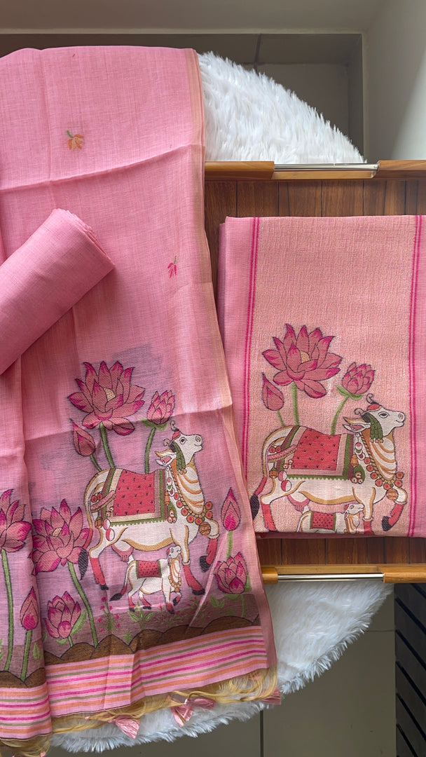 Aria Pink Muga Cotton Jamdani Pichwai Unstitched Suit Set