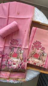 Aria Pink Muga Cotton Jamdani Pichwai Unstitched Suit Set