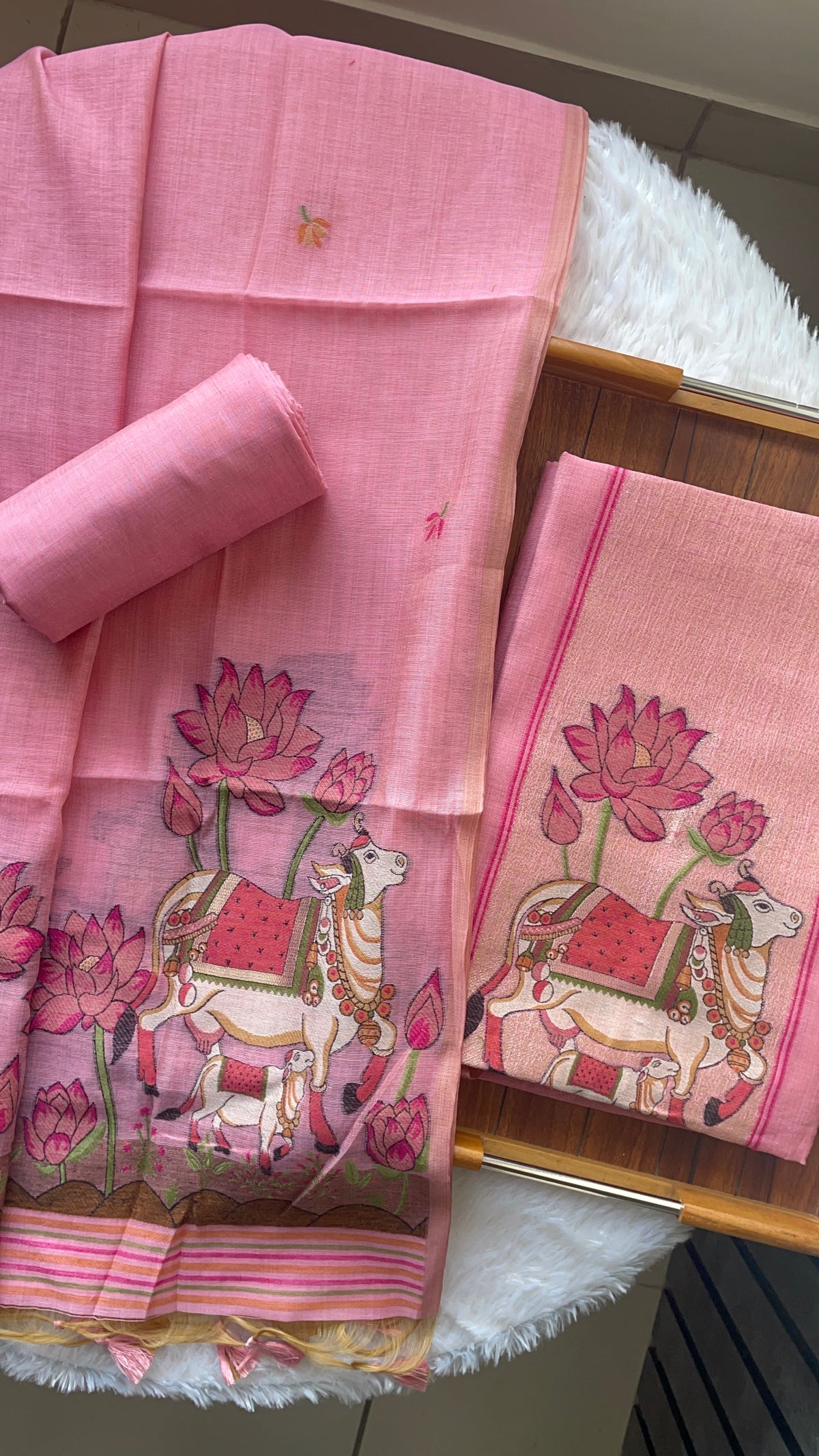Aria Pink Muga Cotton Jamdani Pichwai Unstitched Suit Set