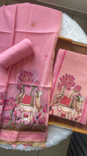 Aria Pink Muga Cotton Jamdani Pichwai Unstitched Suit Set